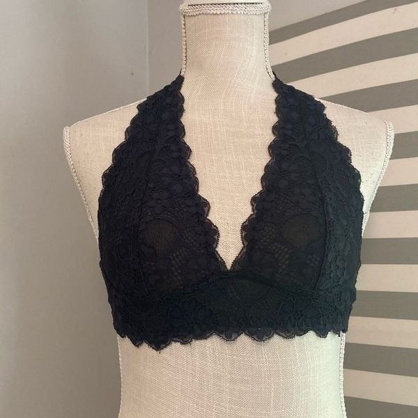 Free People Intimately Black Lace Galloon Halter Bralette Size Small