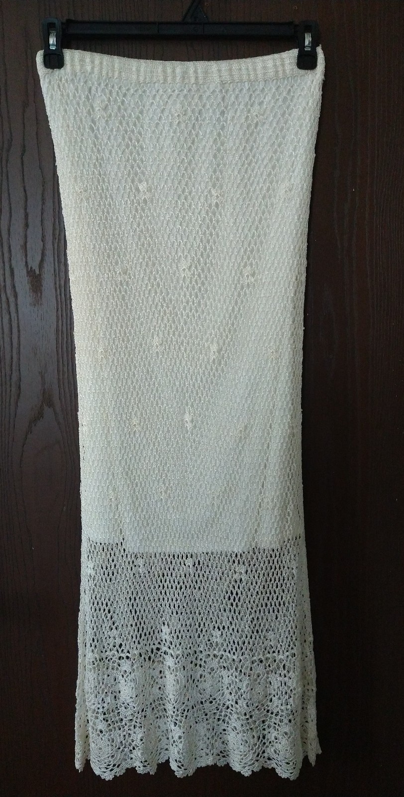 Kroshetta Women's M Lined crochet maxi skirt Ivory Boho Beachy Beaded Stretch