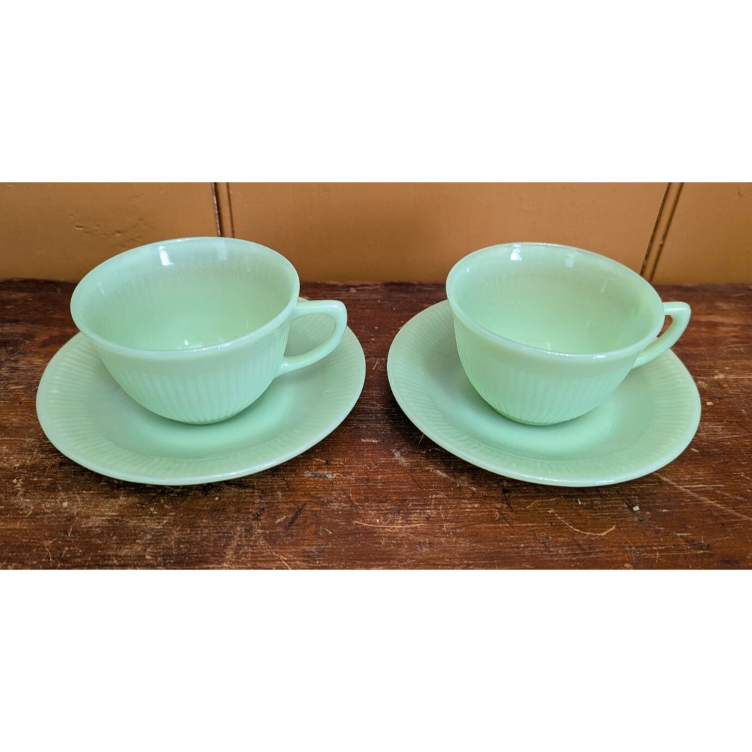 VTG Set Of 2 FIRE KING Jane Ray JADEITE Demitasse Cups With Saucers All USA 2