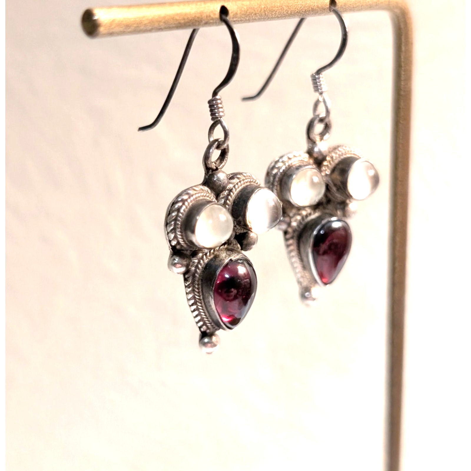 VTG Garnet (January Birthstone) & Quartz 925 Sterling Silver Dangle Earrings