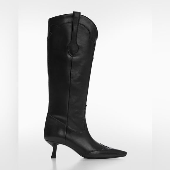 New MANGO Cowboy Knee Leather Boots in Black