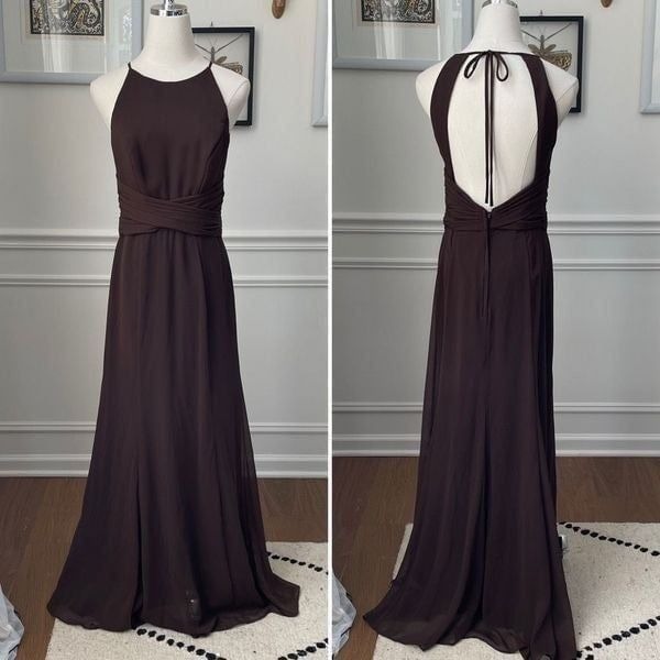 Wtoo Chocolate Brown Formal Gown Bridesmaid Dress Open Back Halter 6