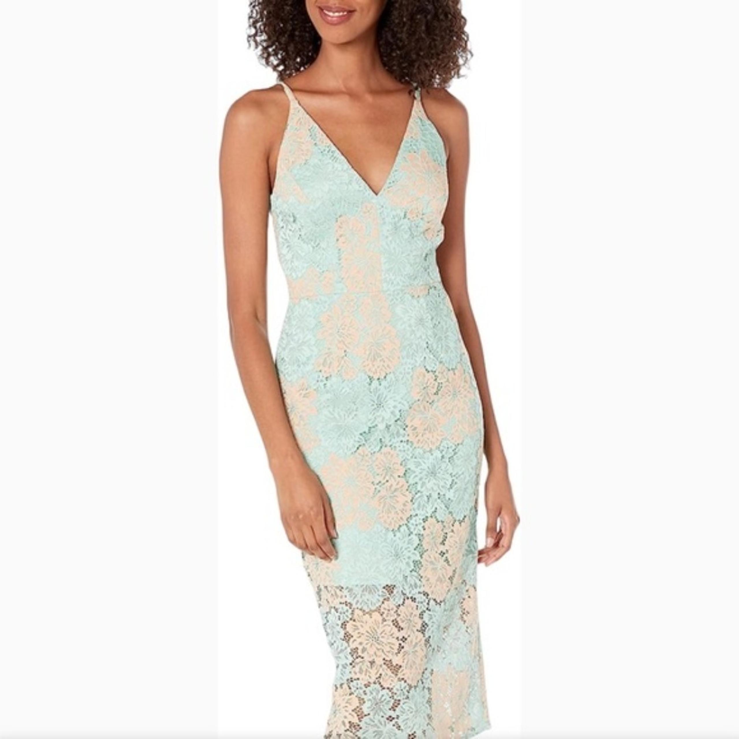 Dress the Population Women's Aurora Lace Sheath Midi Dress in seafoam Small NWT