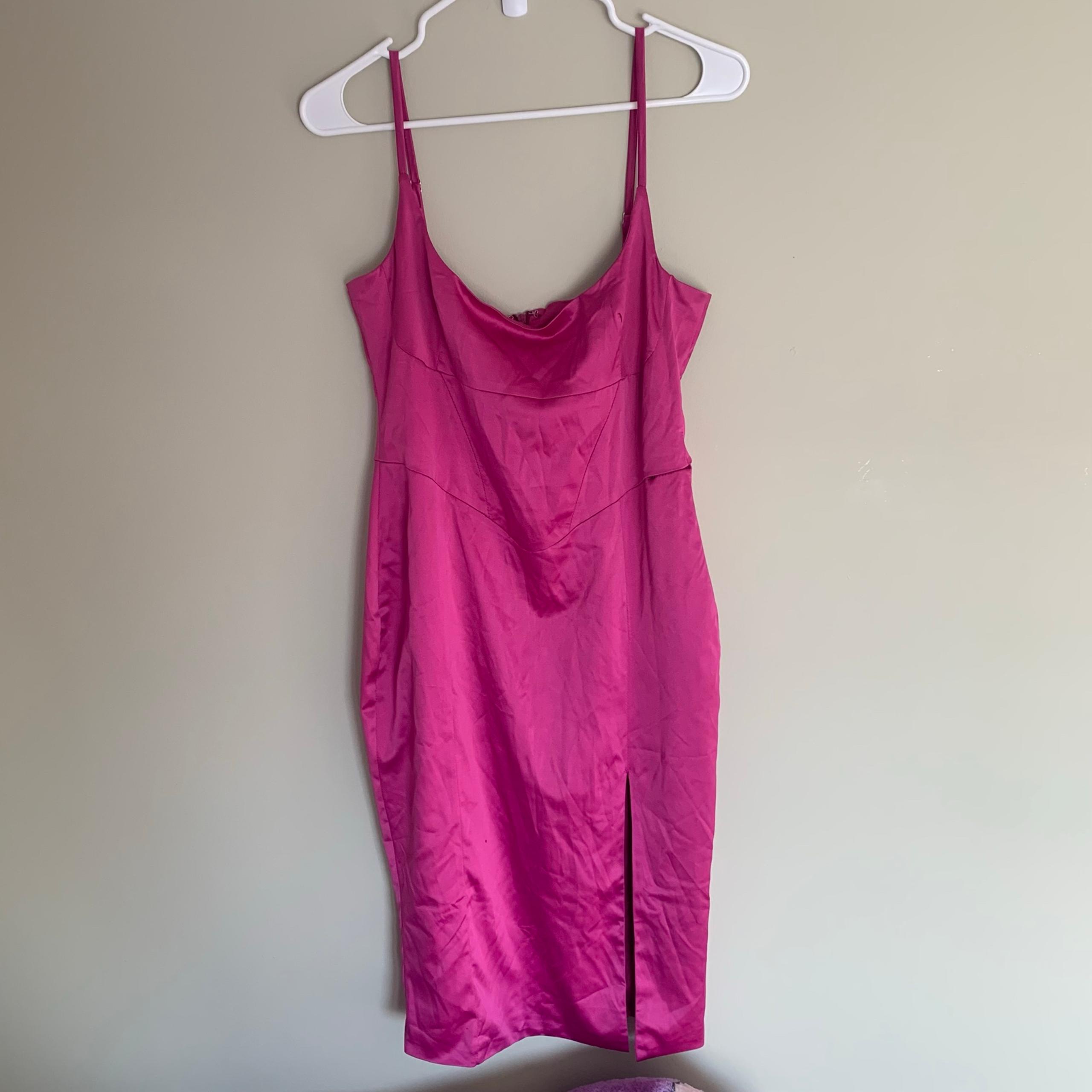 Fashion Nova satin fushia hot pink midi slit dress womens size medium bodycon