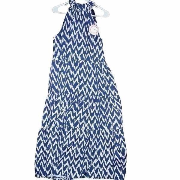 Summer Party Dress Size Small Maxi Blue White Chevron Stripe Sleeveless Tiered