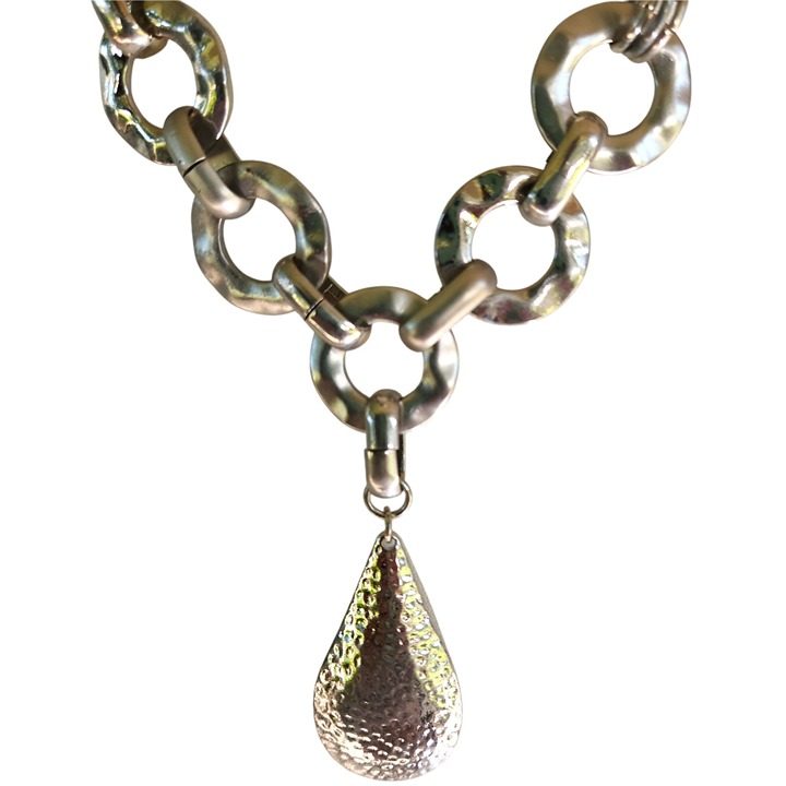 Chico's Silver Hammered Teardrop Statement Necklace 21.5 L