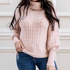 Rachel Parcell Cable Knit Turtleneck Sweater Balloon Sleeve Chunky Pullover Pink