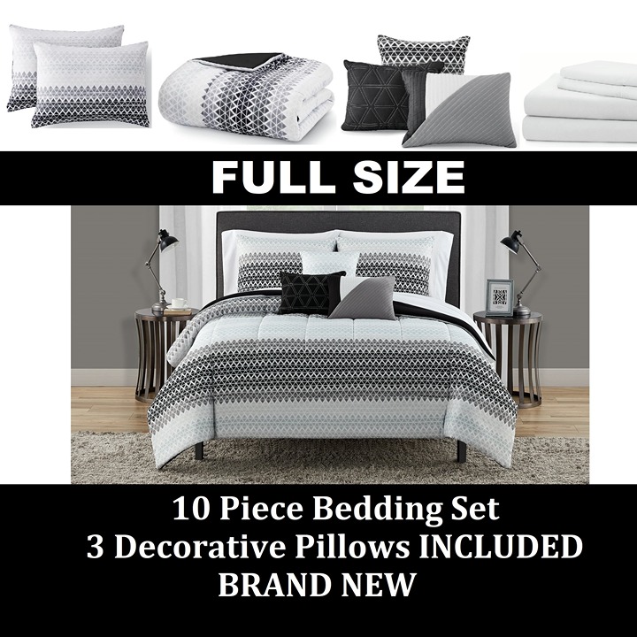 NEW FULL SIZE 10 Piece Bed in a Bag Comforter Bedding Sheets 3 Decorative Pillow
