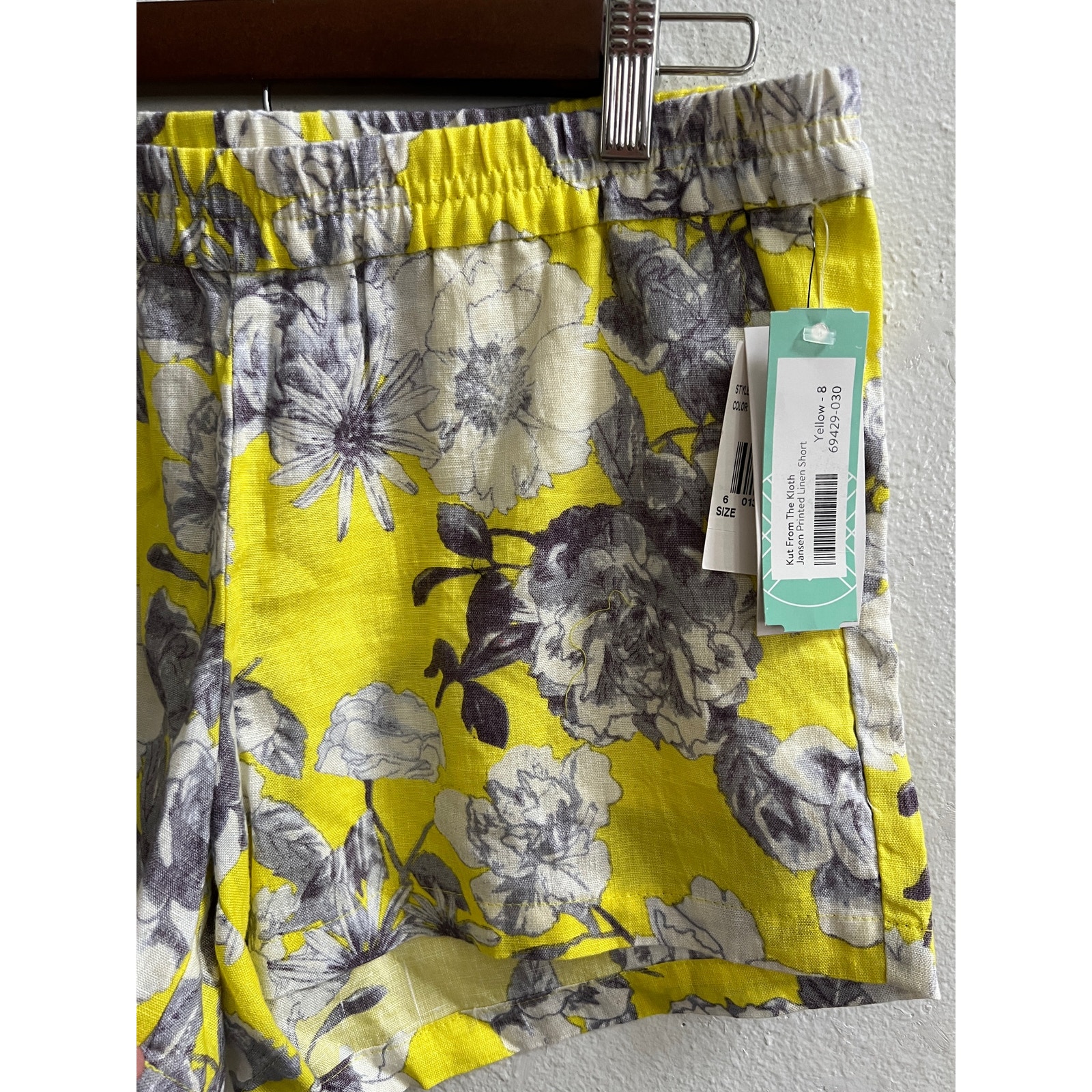 Kut From The Kloth Jansen Printed Linen Shorts Chartruse Gray White Floral sz 8