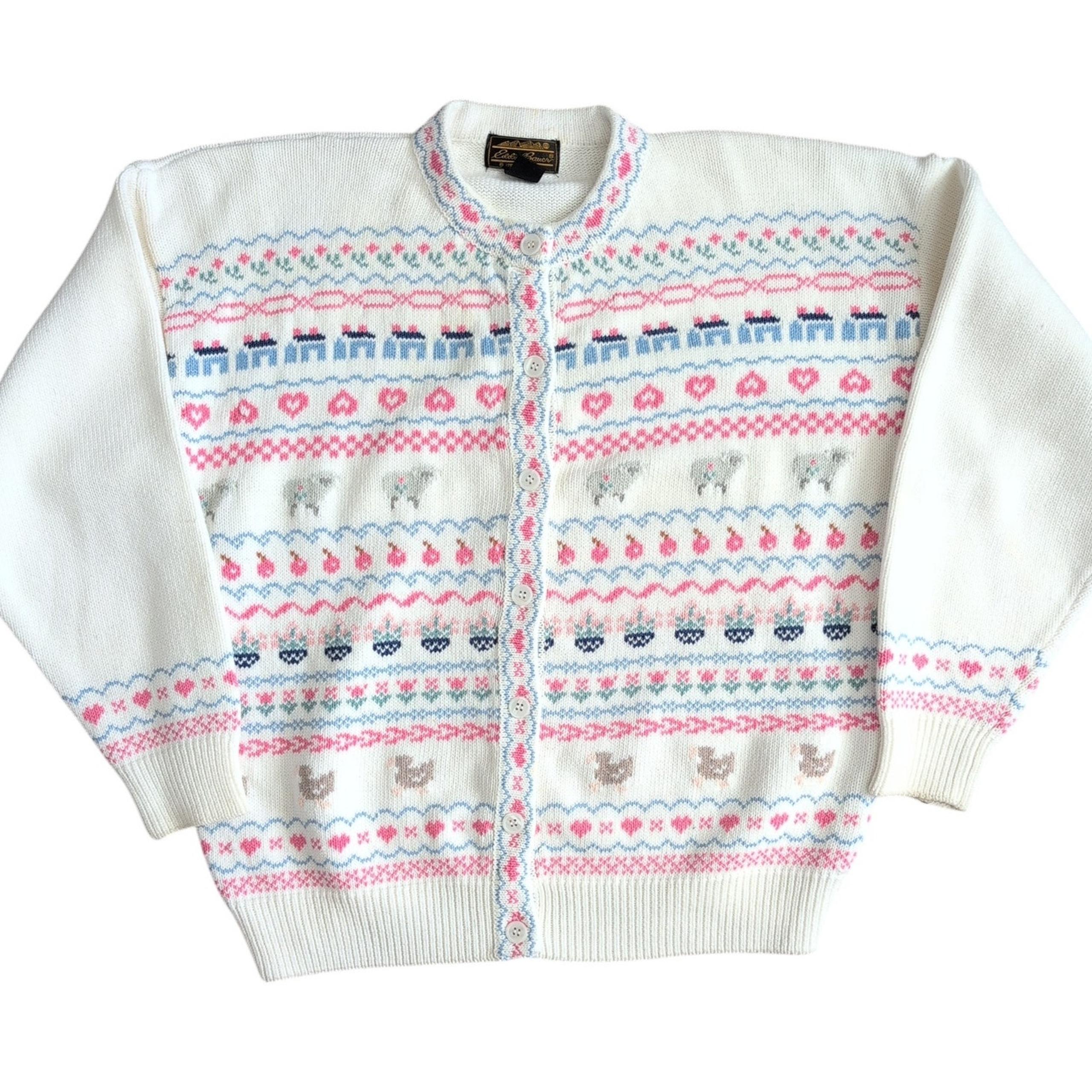 90s Eddie Bauer Cardigan Button Sweater Lamb Sheep Duck Flower Granny Grandma L