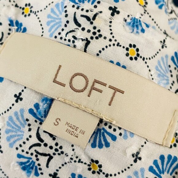 Ann Taylor Loft Blue Multicolored Bohemian Print Pleated Bib Front Women's S Top