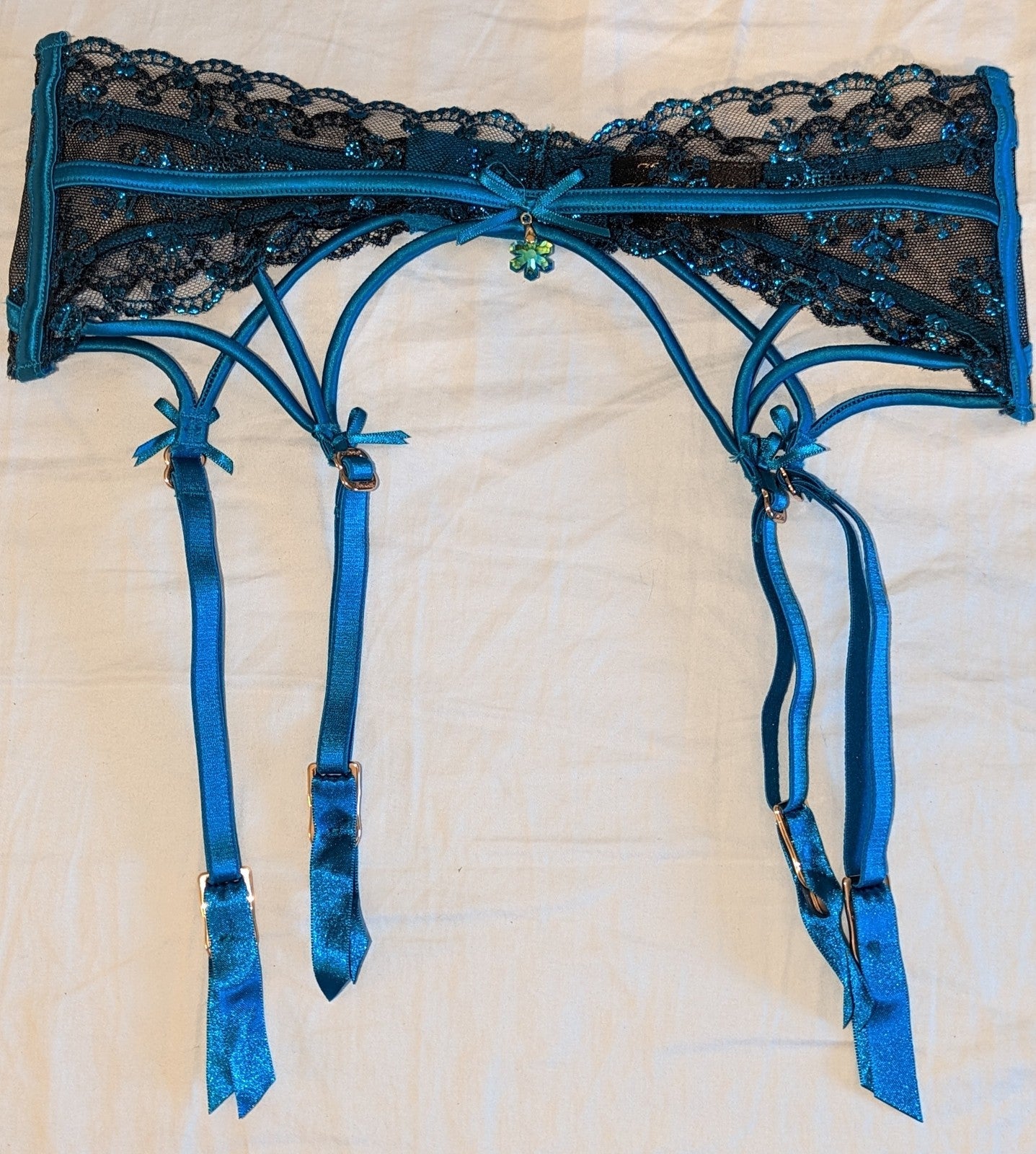 Honey Birdette Sassy K metallic blue garter belt xs