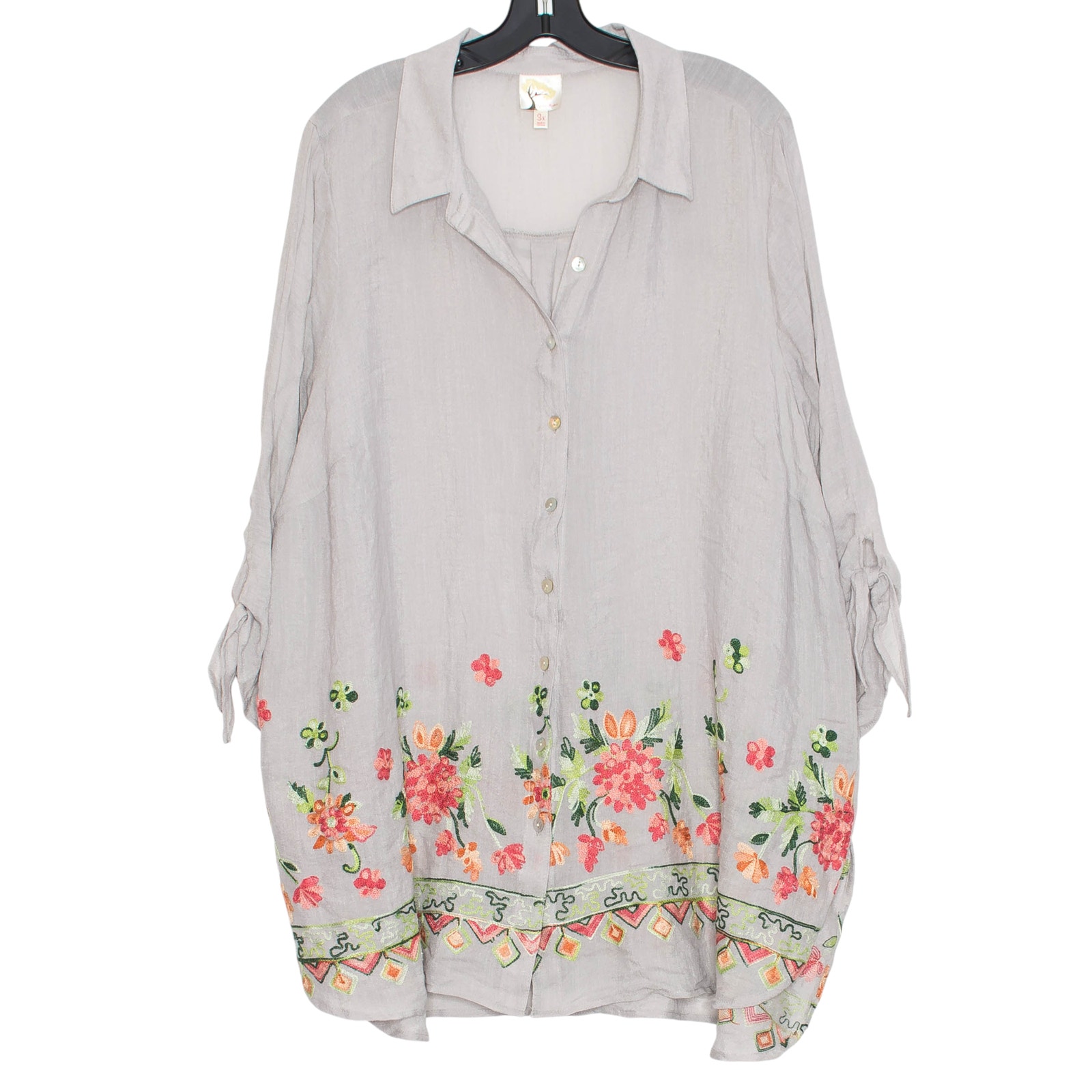 Fig & Flower Top Y2K Boho Cottage Coastal Grandma Gauze Floral Button Up Gray 3X