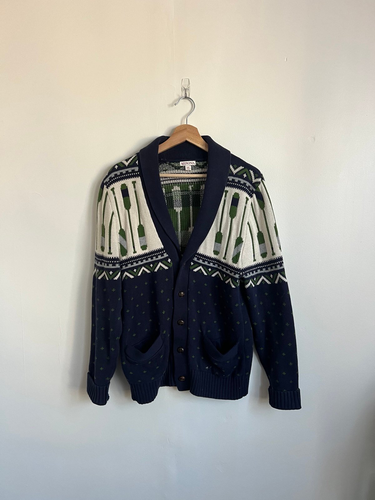 Merona Men’s Navy & Green Canoe Paddle Chunky Print Cardigan Sweater