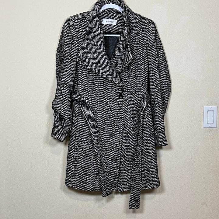 Calvin Klein coat Wool Herringbone Jacket Black/White trench coat jacket Sz S W