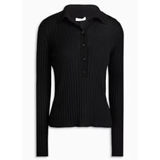 vince - ribbed wool polo sweater top pullover buttons henley black