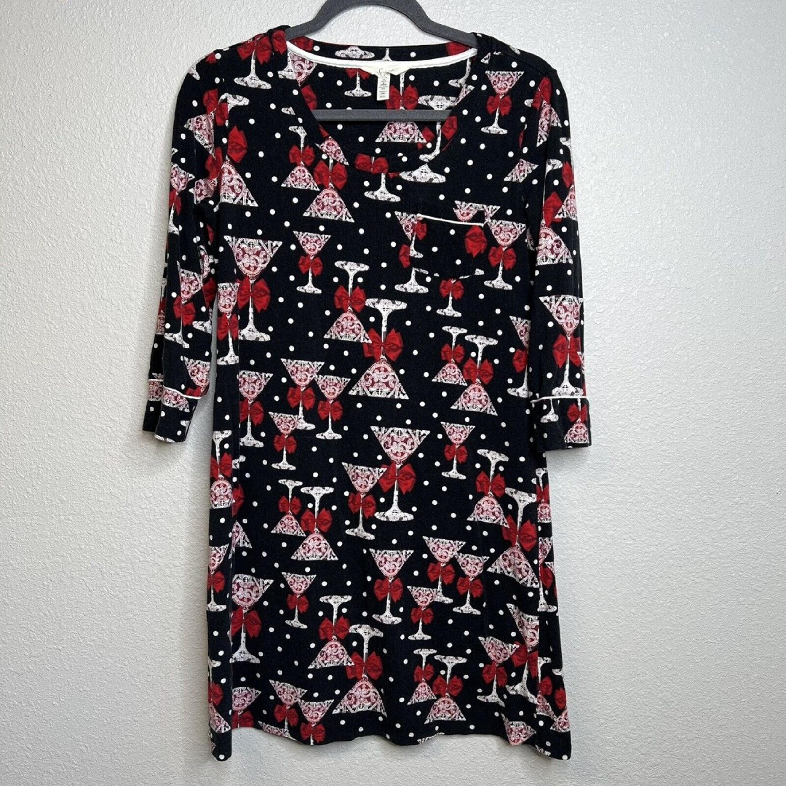 Soma Women's Night Shirt Nightgown Small Black Red White Martini Glass Dots