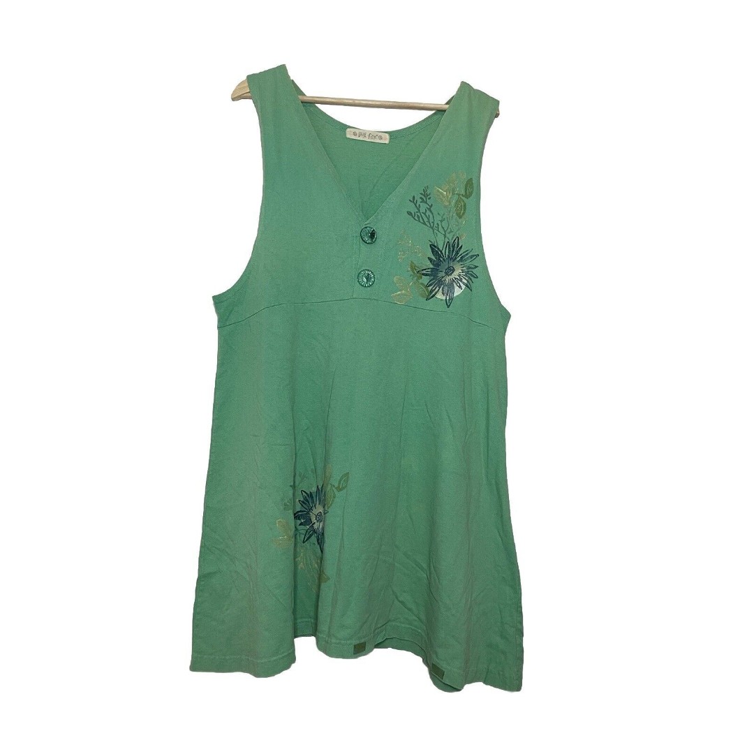 Blue Fish Women's Vintage Green Flower Plant Sz Sleeveless Tunic Top 1997