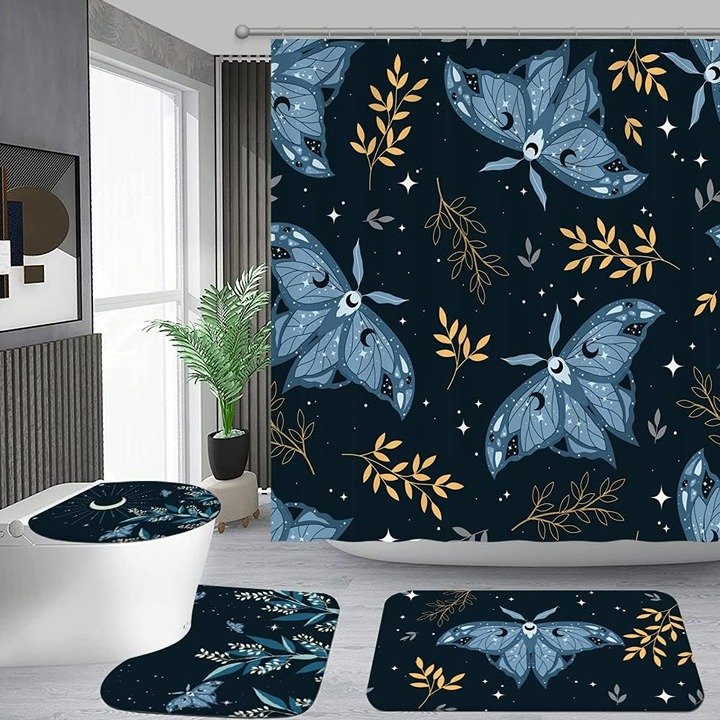 Gothic Luna Moth Shower Curtain for Blue Black Bathroom Decor Set Of 4