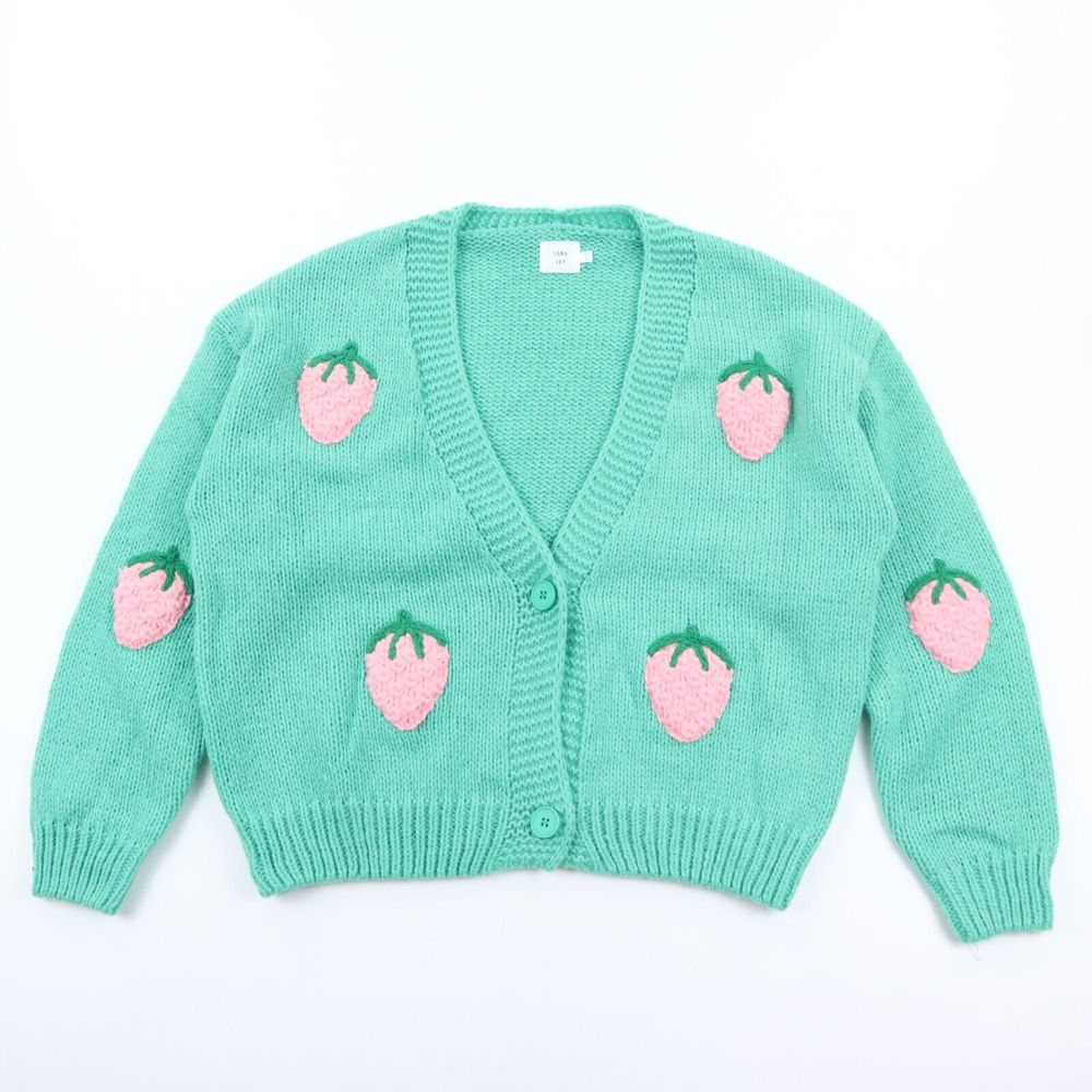 Luna Ivy Cardigan Sweater Women's Medium Green w/ Pink Strawberries NWT NEW Soft