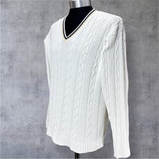 Banana Republic White Cable Knit Cotton V-Neck Sweater Blue Gold Trim XL