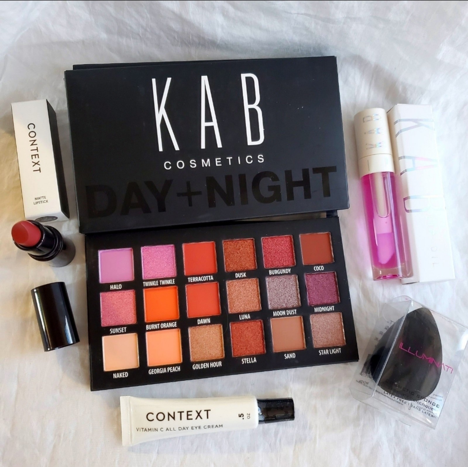 KAB Day Night Eyeshadow Palette Lipstick Lip Gloss Makeup Set Bundle