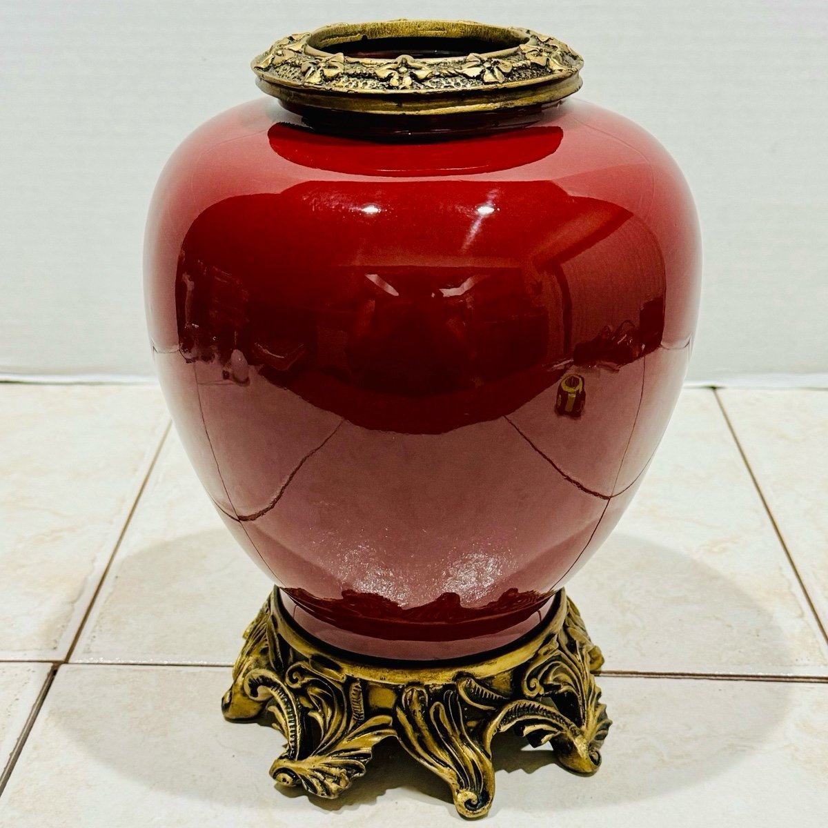 Vintage Bombay Co. Porcelain Dark Apple Red Vase With Resin Gold Crown Base