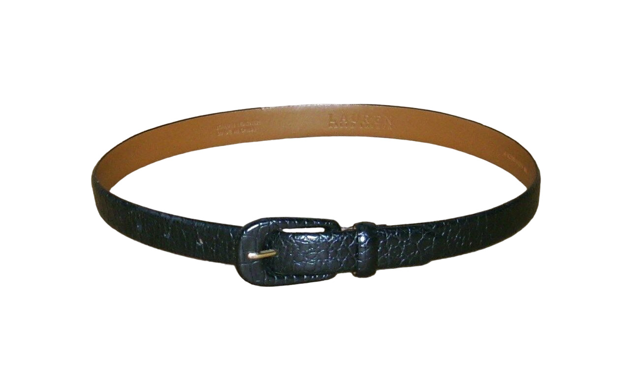 LAUREN RALPH LAUREN BLACK ITALIAN LEATHER CROC DESIGN SKINNY BELT 28 -32