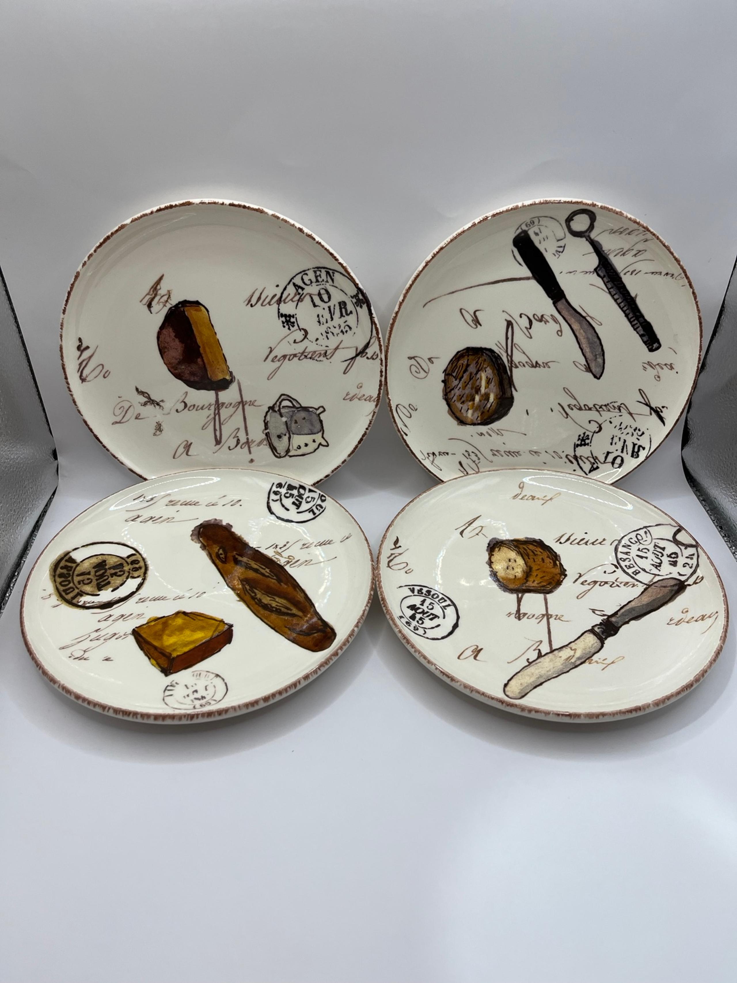 Williams Sonoma Bread Cheese Appetizer Plates French Postcard Cafe Ceramic 4pc