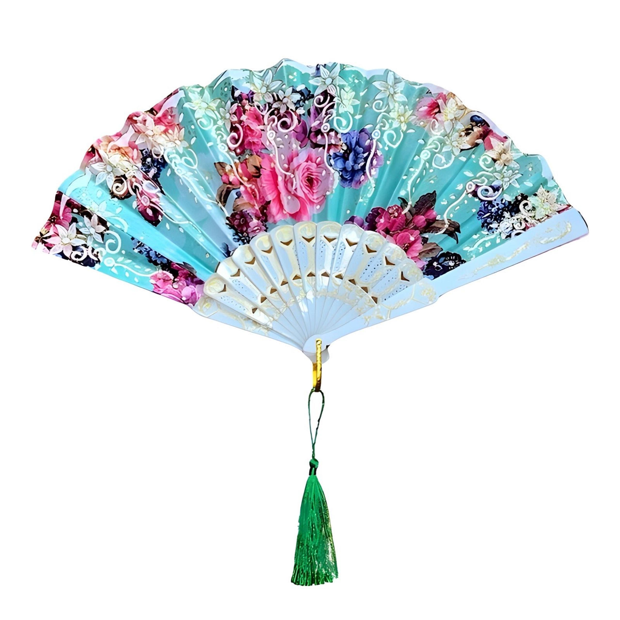 Floral Print Tasseled Folding Fan