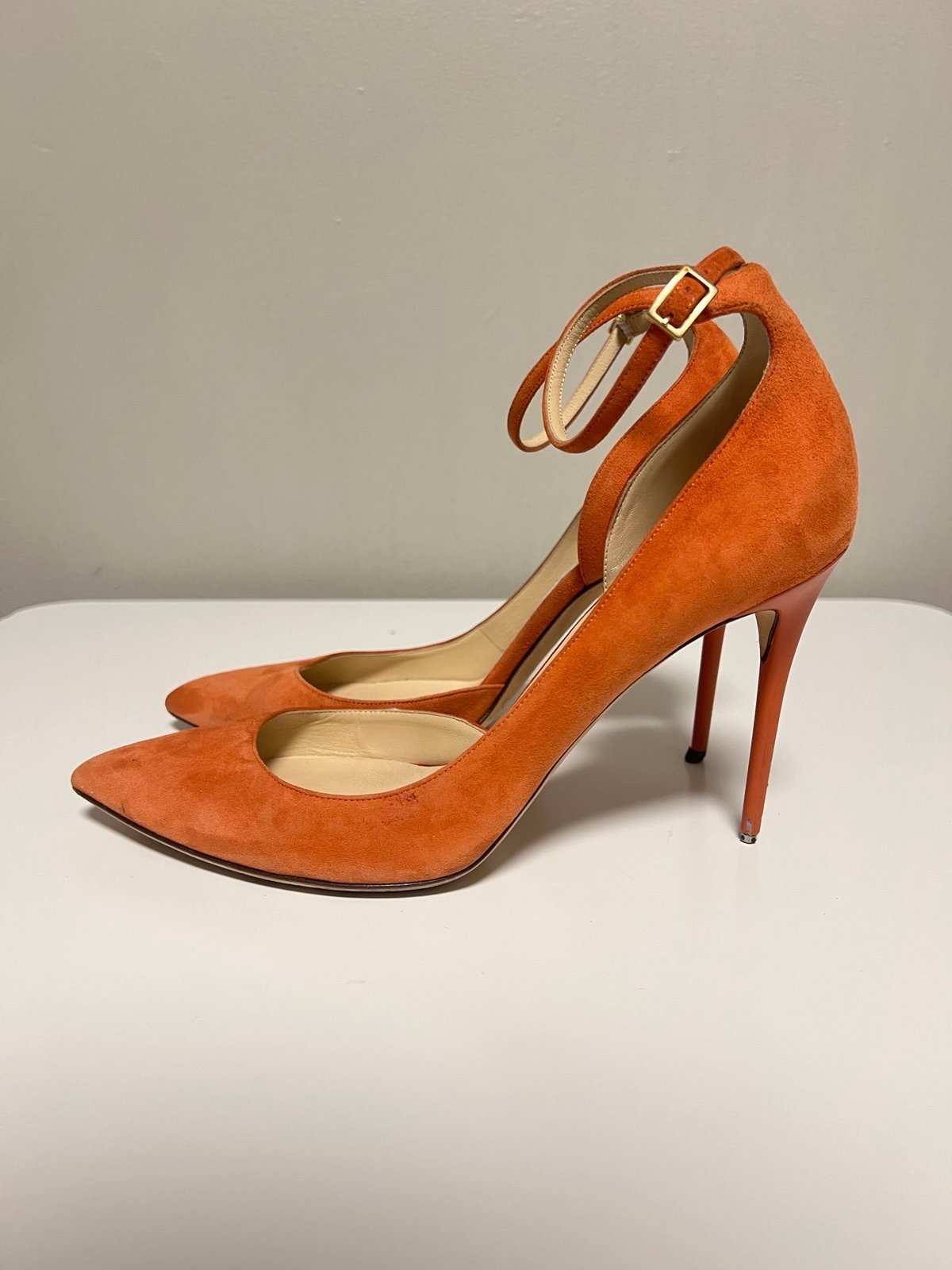 Jimmy Choo Orange Suede D'orsay Pumps Heels Ankle Strap Shoes Size 40- 9.5US