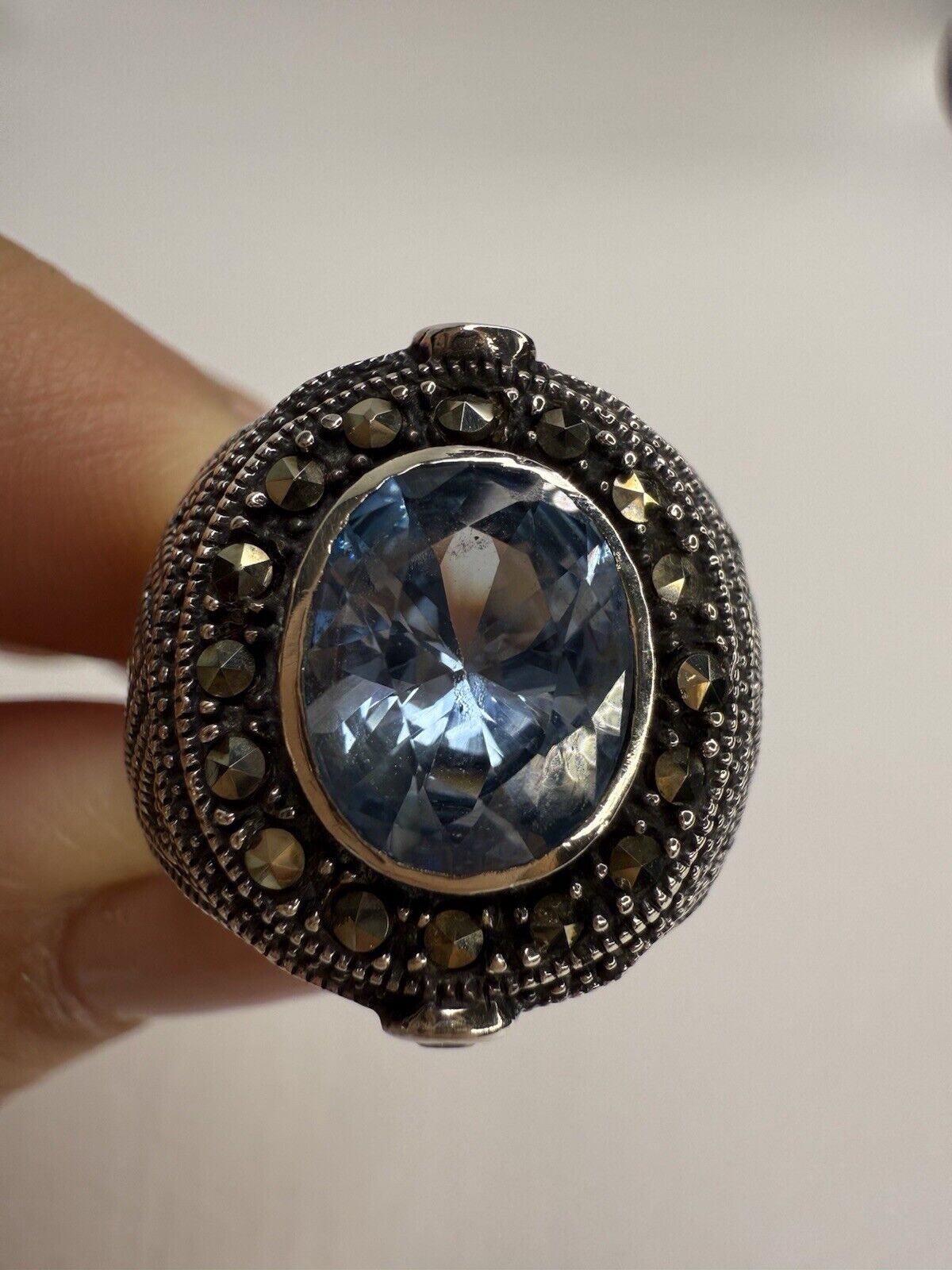 Blue Topaz Marcasite 925 Sterling Silver Signed TH Ring Sz 5.75
