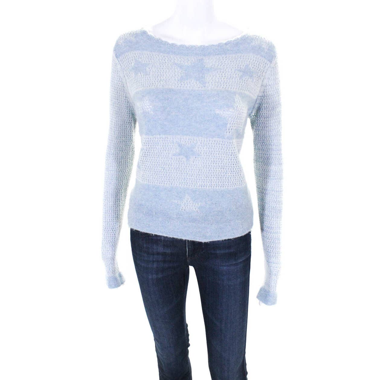 Autumn Cashmere Pure Cashmere Lightweight Slim Stars Sweater Boat Neck Blue S
