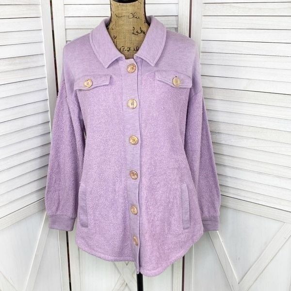 Soft Surroundings Terry Knit Button Front Shirt Jacket Shacket Lavender Small