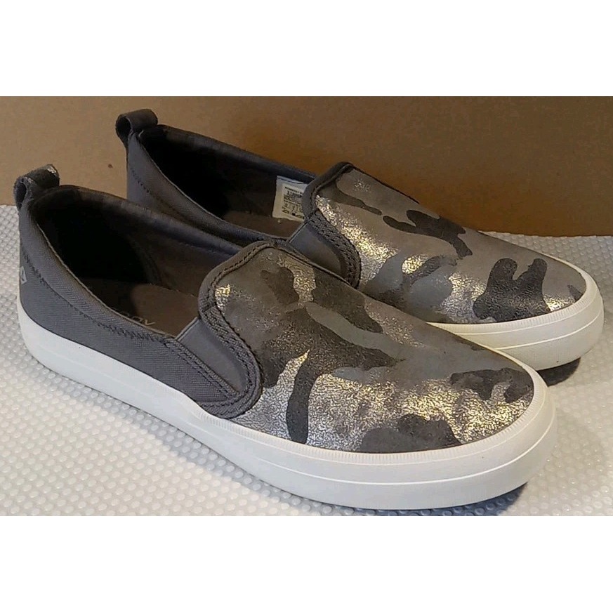 Sperry Women Crest Twin Gore Silver Grey Camo Slip On Sneakers EUC Size 8.5