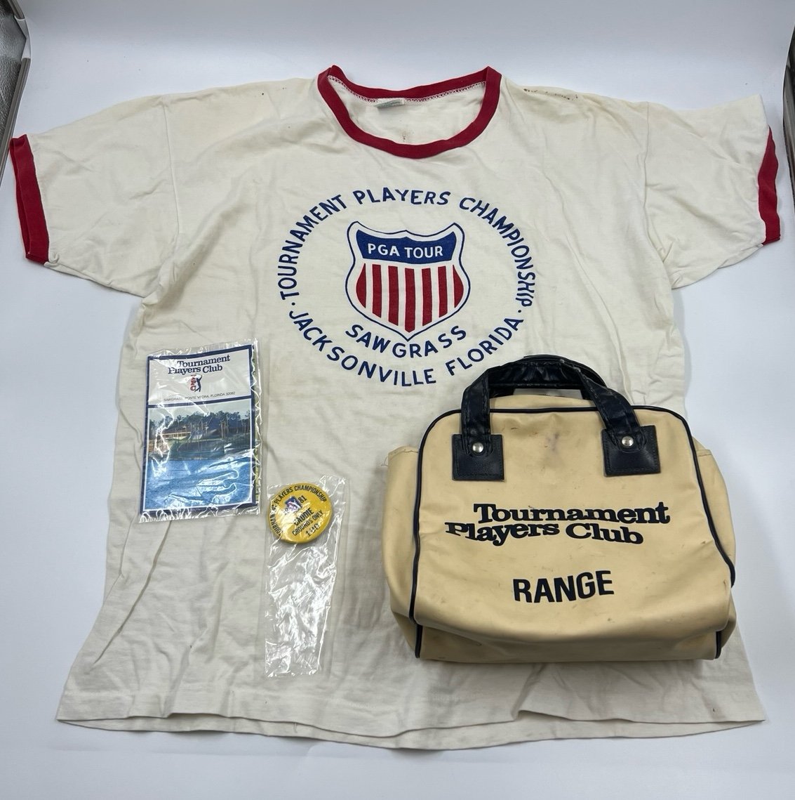 Vintage 1981 PGA TPC Sawgrass Florida Golf LOT Champion T-Shirt Range Bag Caddie