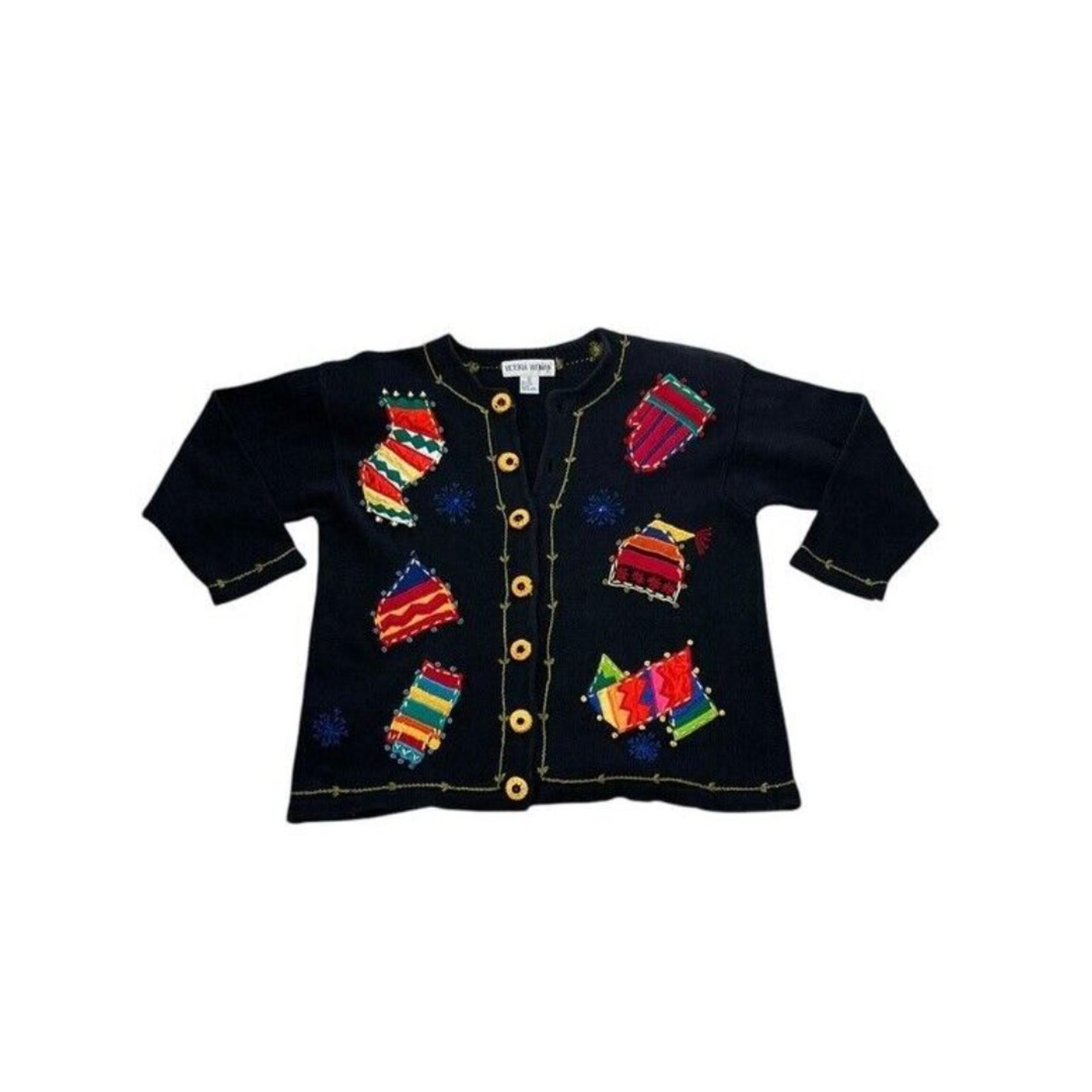 Victoria Jones Women's Size 1X Plus Cardigan Festive Art Sweater Embroidered