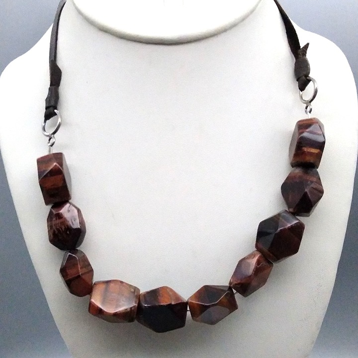 Chunky Faceted Tigers Eye Necklace with Suede Leather Cord and Sterling Silver