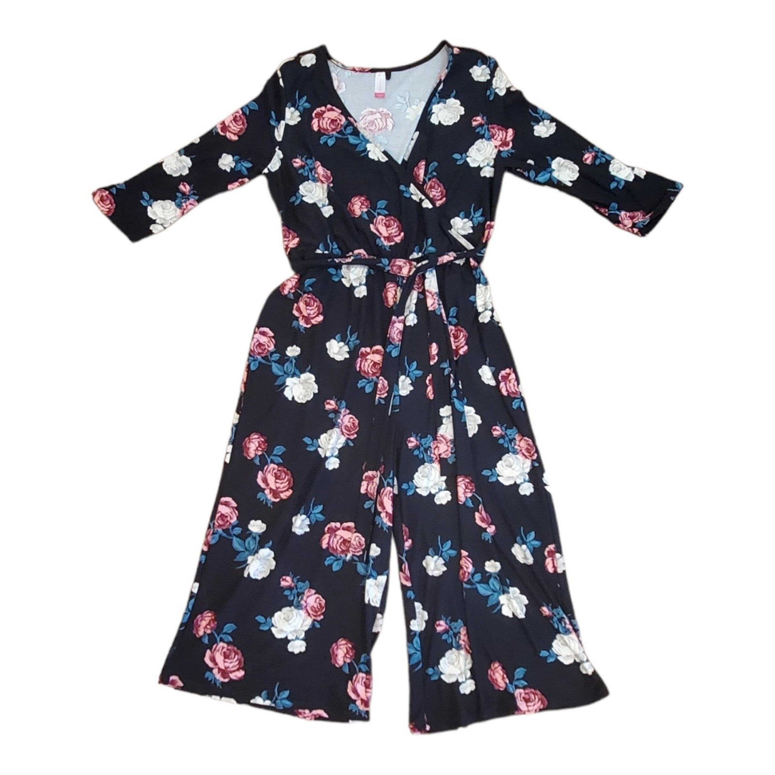 No Boundaries Black Floral Print Surplice Jumpsuit Romper Sz 3X