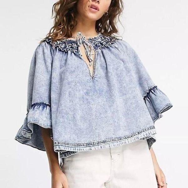 Free People size Small Ainsley denim like oversized blouse - EUC