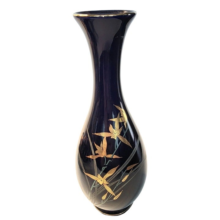 Vintage JAPAN Lovely Porcelain Cobalt Blue and Gold Gilt Vase 11 Tall