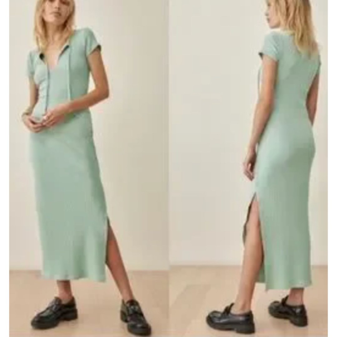 Reformation Mari ribbed maxi dress Celadon Light Sage Green Size L
