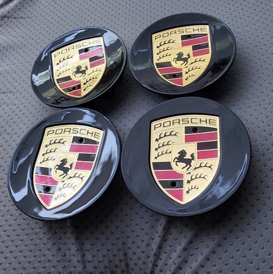 76mm Gloss Black center caps, fits Cayenna Carrera Porsche 911 rims, set of 4