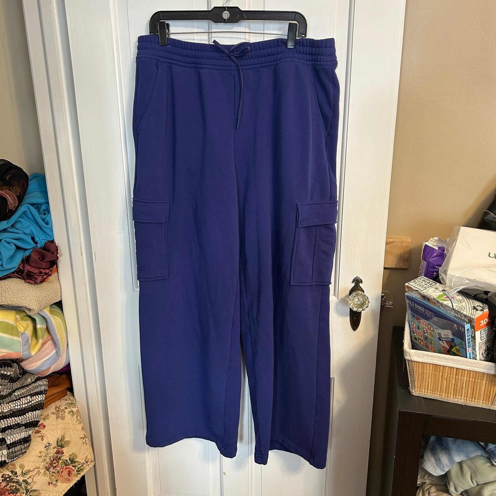Athleta Woman's Easy Fleece Mid Rise Strait Cargo Pants Deep Marine
