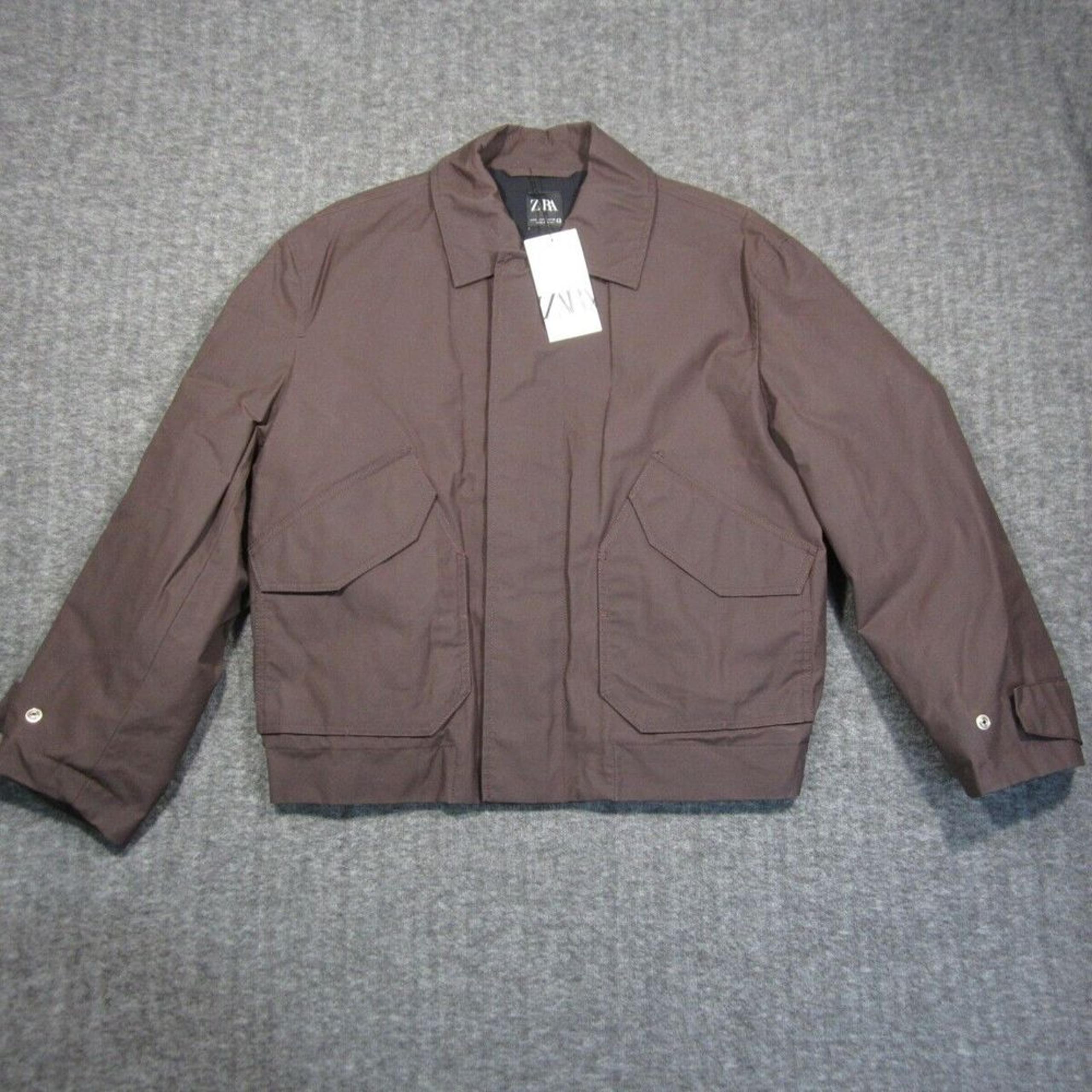 ZARA Jacket Mens S Brown Waxed Effect Pockets Lined Bomber Chore Coat NEW $149