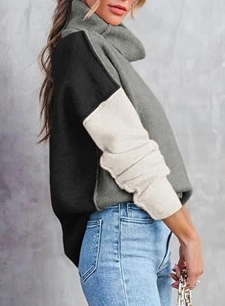 Women's turtleneck sweater casual long sleeve color matching side split top