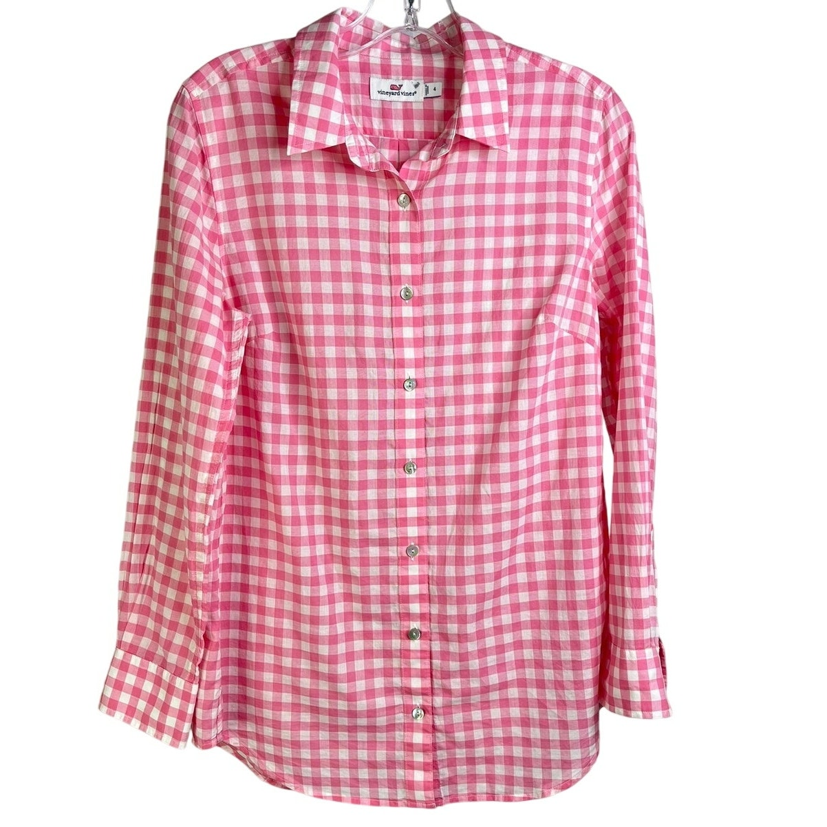 Vineyard Vines Button Down Shirt Womens Sz 4 Pink Gingham Cotton Collared