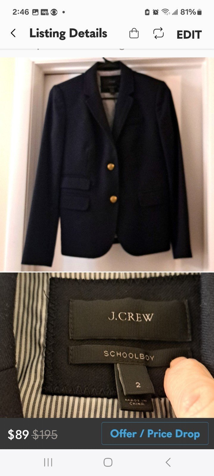 J Crew schoolboy blazer Navy blue wool blend sz2 EUC