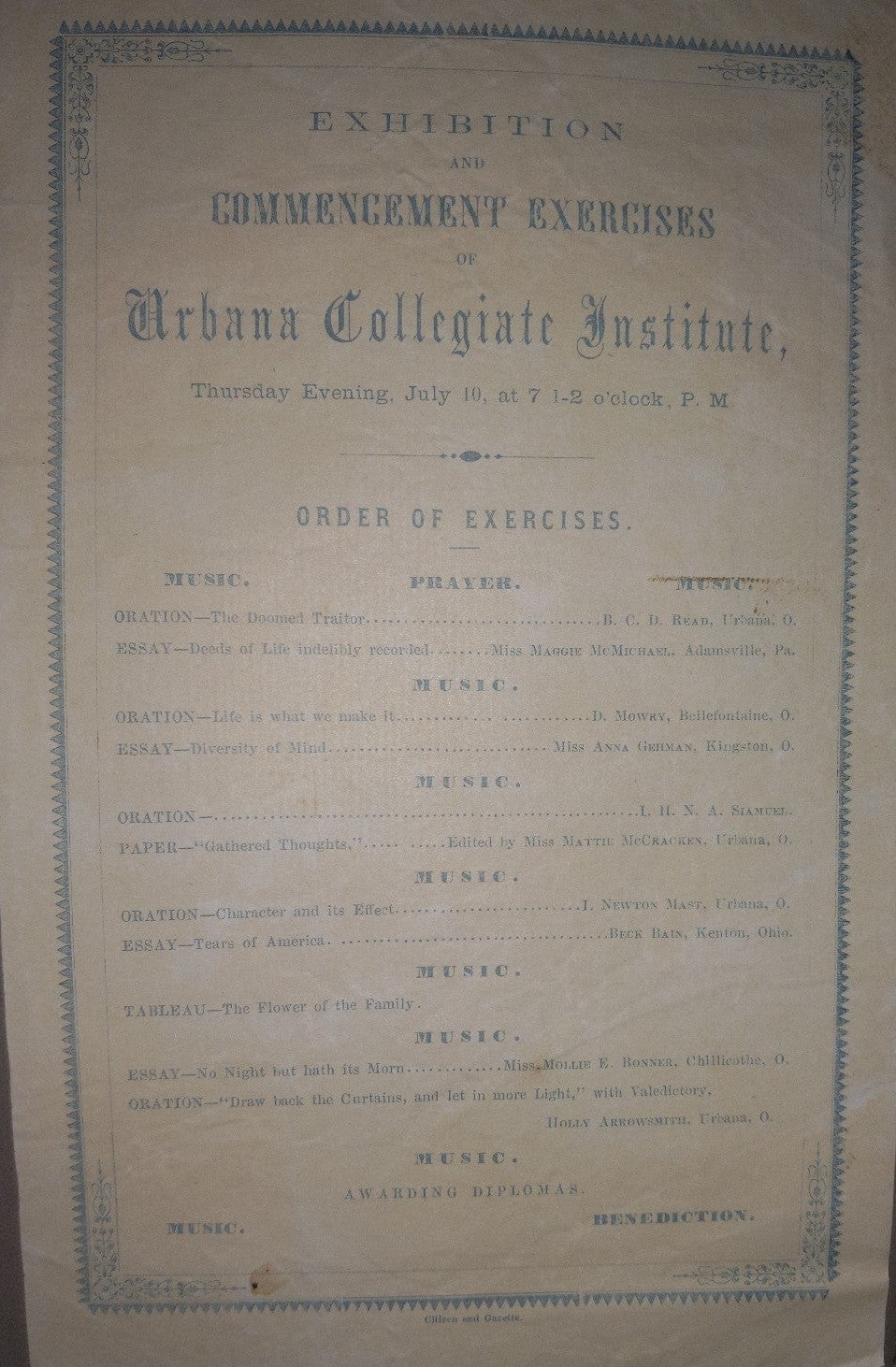 1860s Urbana College Institute exhibition and commitment exercises