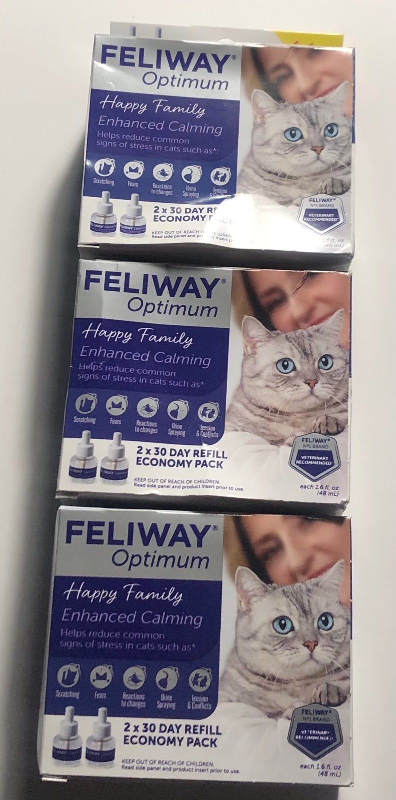 3 X LOT Feliway Optimum Happy Family Enhanced Calming 2x30 Day Refills BNIB